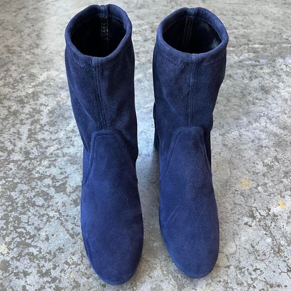 Stuart Weitzman Margot 75 Navy Blue Suede Ankle Sock Booties Block Heel 8.5 - Picture 4 of 11